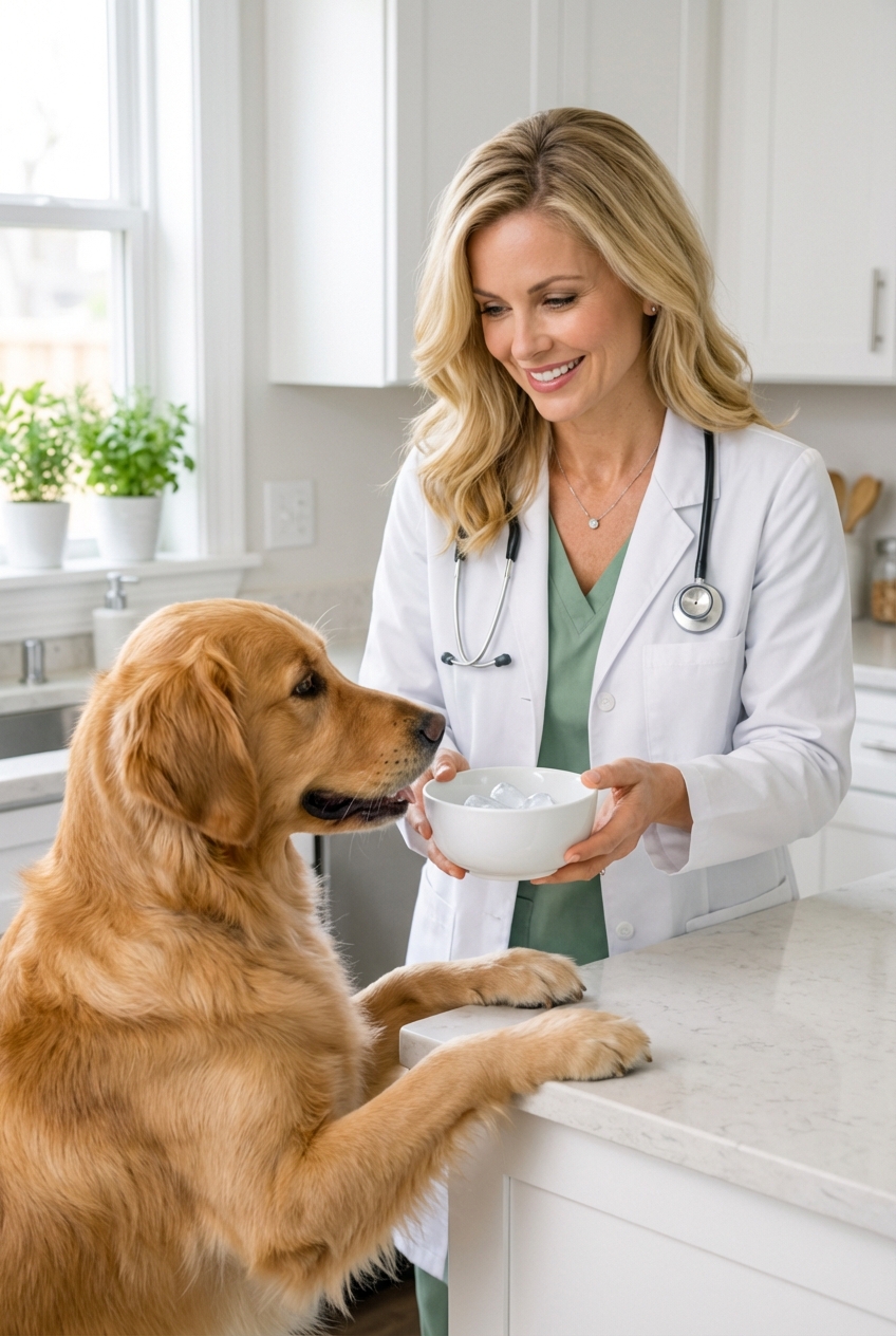 A person offering a dog a few ice chips in a clean white bowl on a kitchen counter
