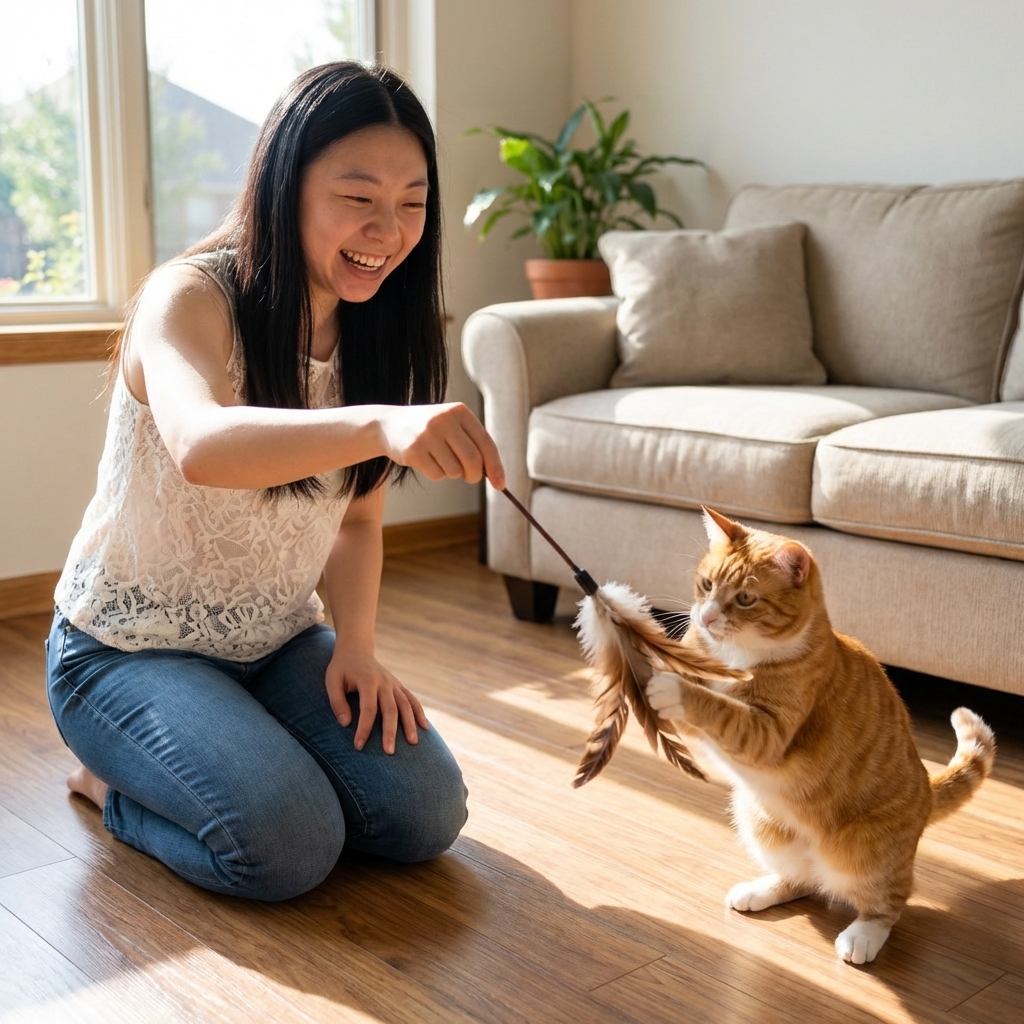 A person offering a feather wand toy to a playful cat in a living room