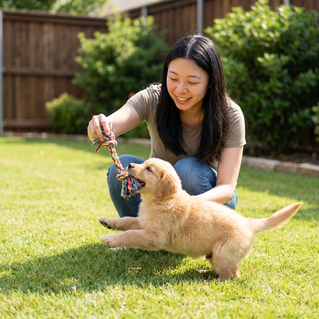 A person offering a rope toy to a puppy that is reaching toward their hand