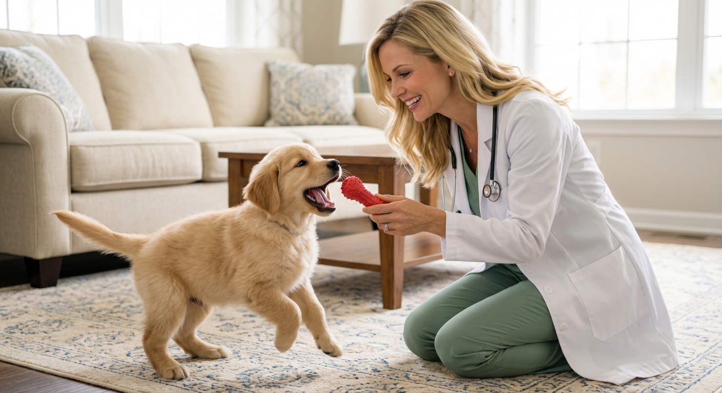 A person offering a rubber chew toy to a puppy as the puppy reaches for it with an open mouth