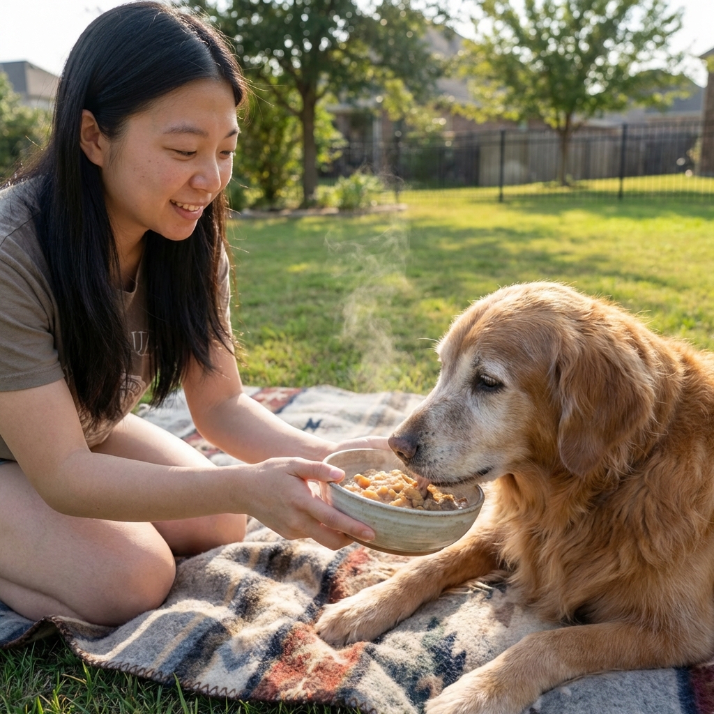 A person offering a small bowl of warmed soft food to an older dog resting on a blanket