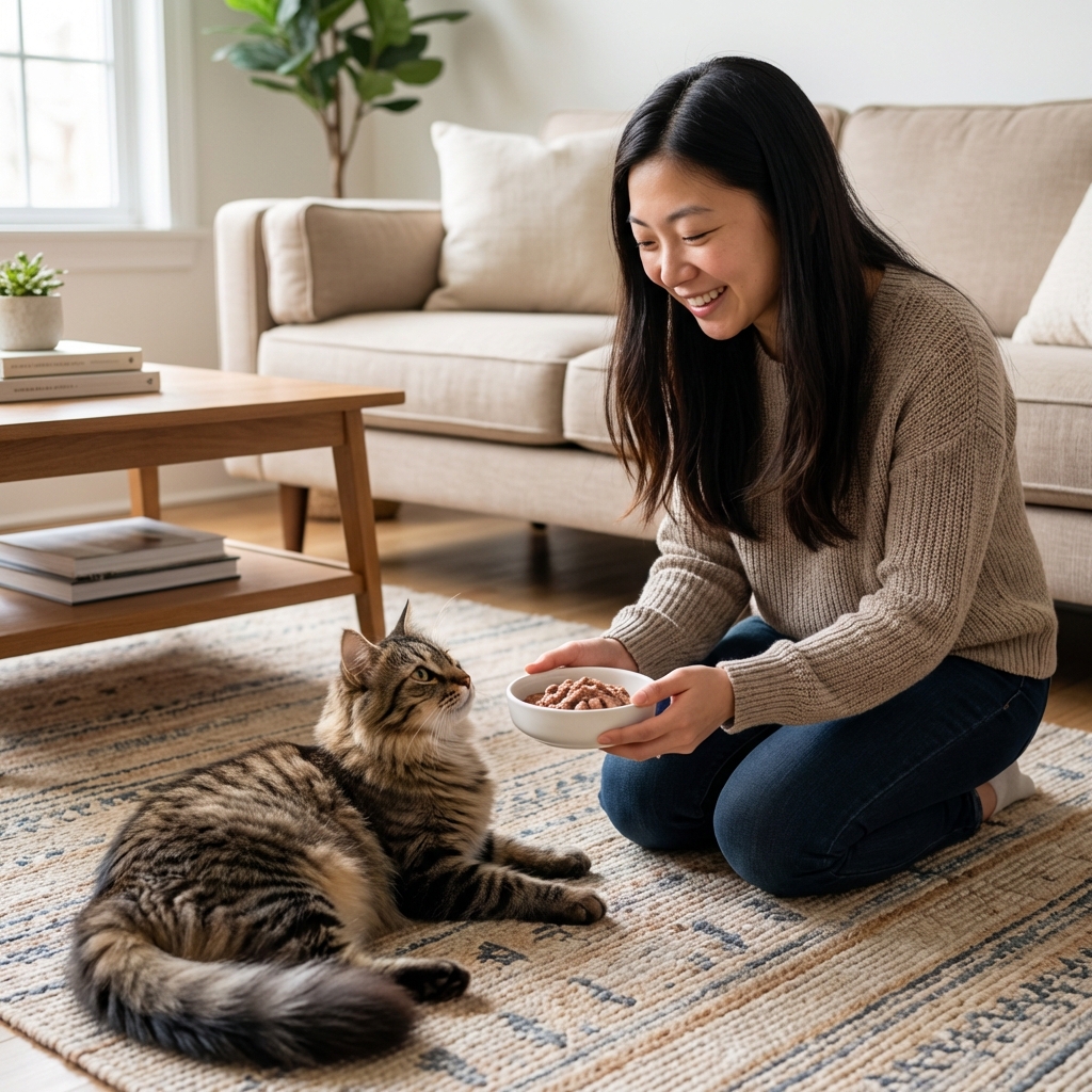 A person offering a small bowl of wet cat food to a relaxed cat on a living room rug