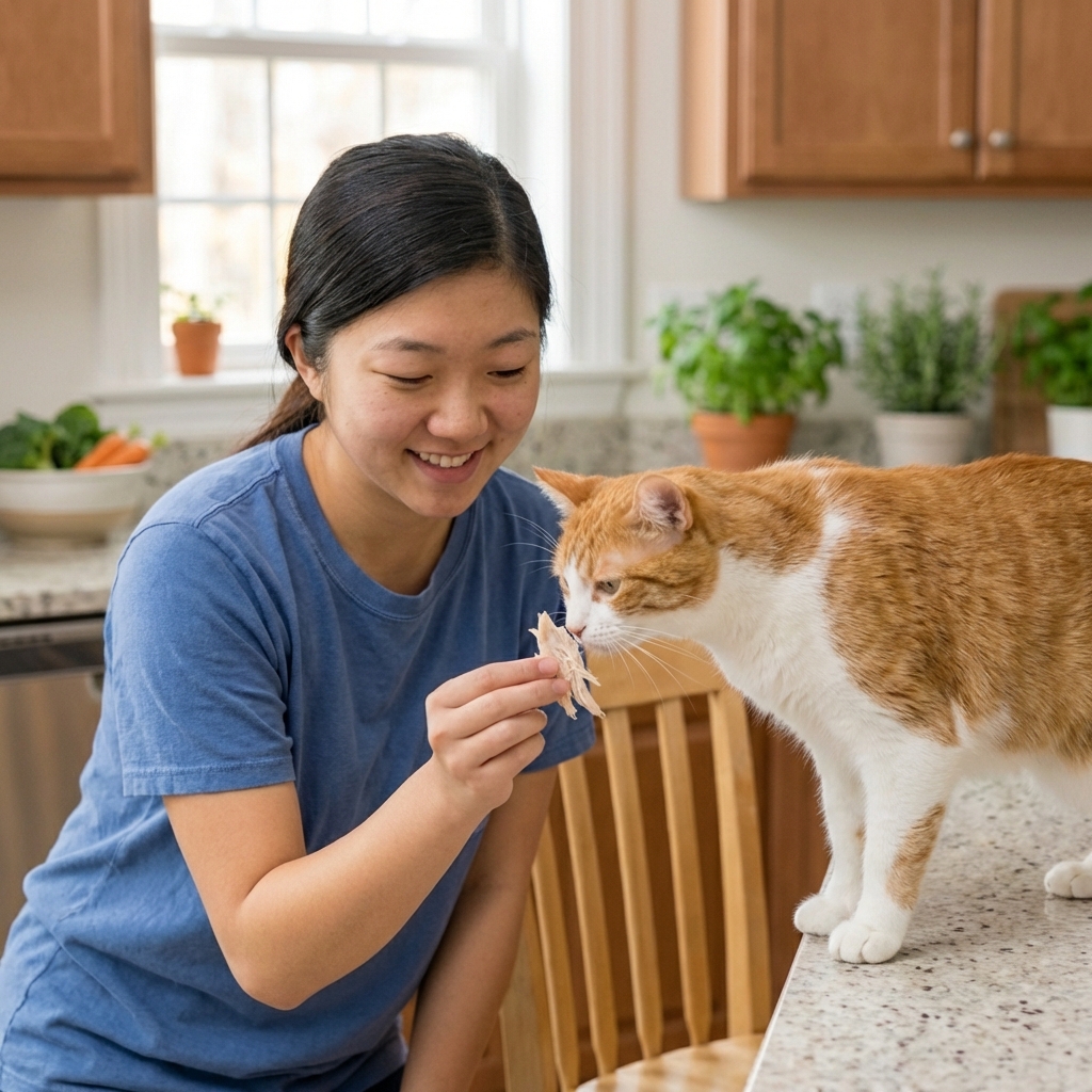 A person offering a small piece of plain cooked chicken to a cat in a home kitchen