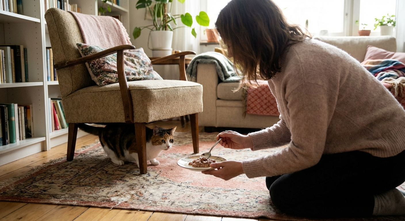 A person offering a small plate of warmed wet cat food to a cautious cat in a quiet room