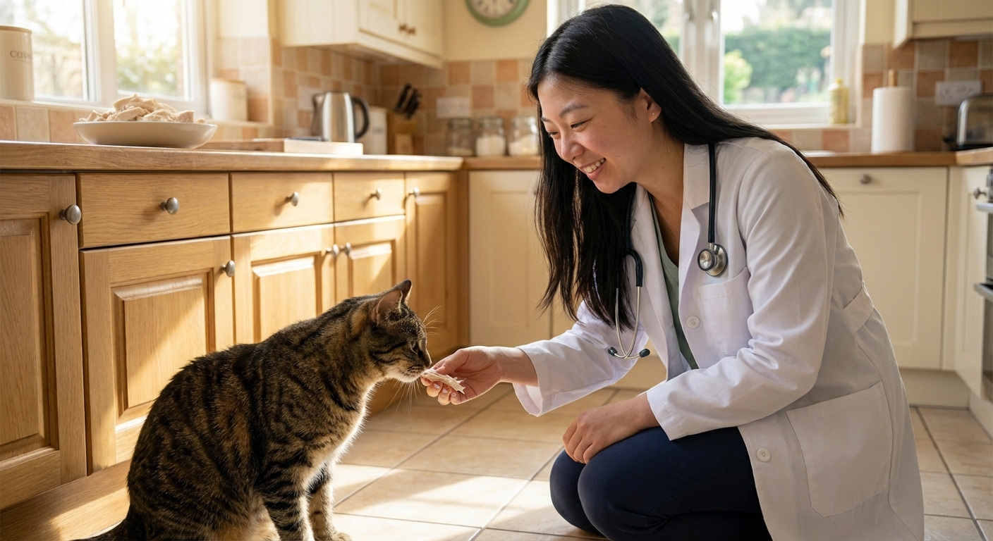 A person offering a small shred of plain cooked chicken to a cat in a bright kitchen