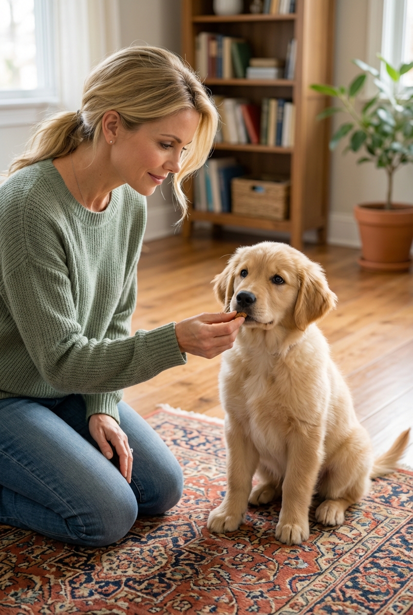A person offering a small treat to a calm puppy sitting quietly on a rug