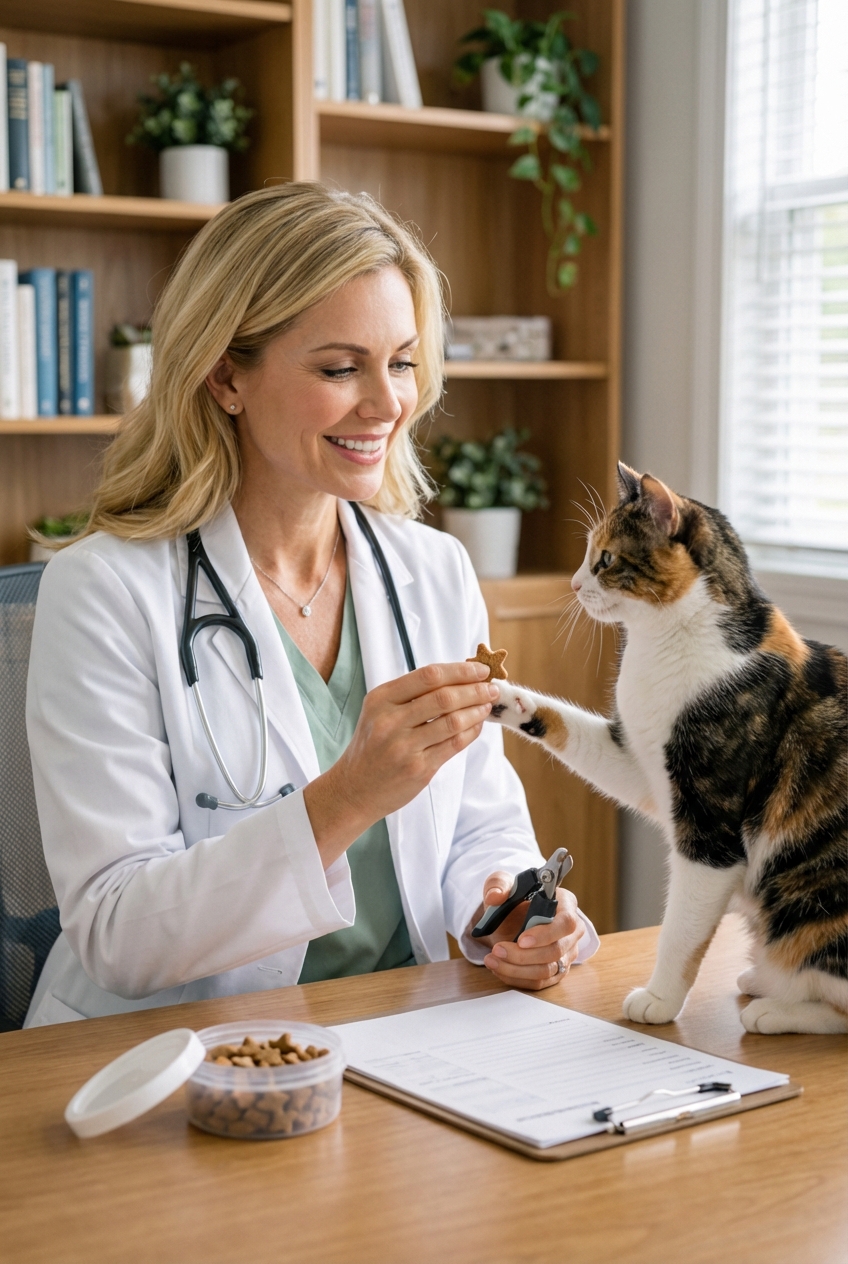 A person offering a small treat to a cat immediately after trimming one nail
