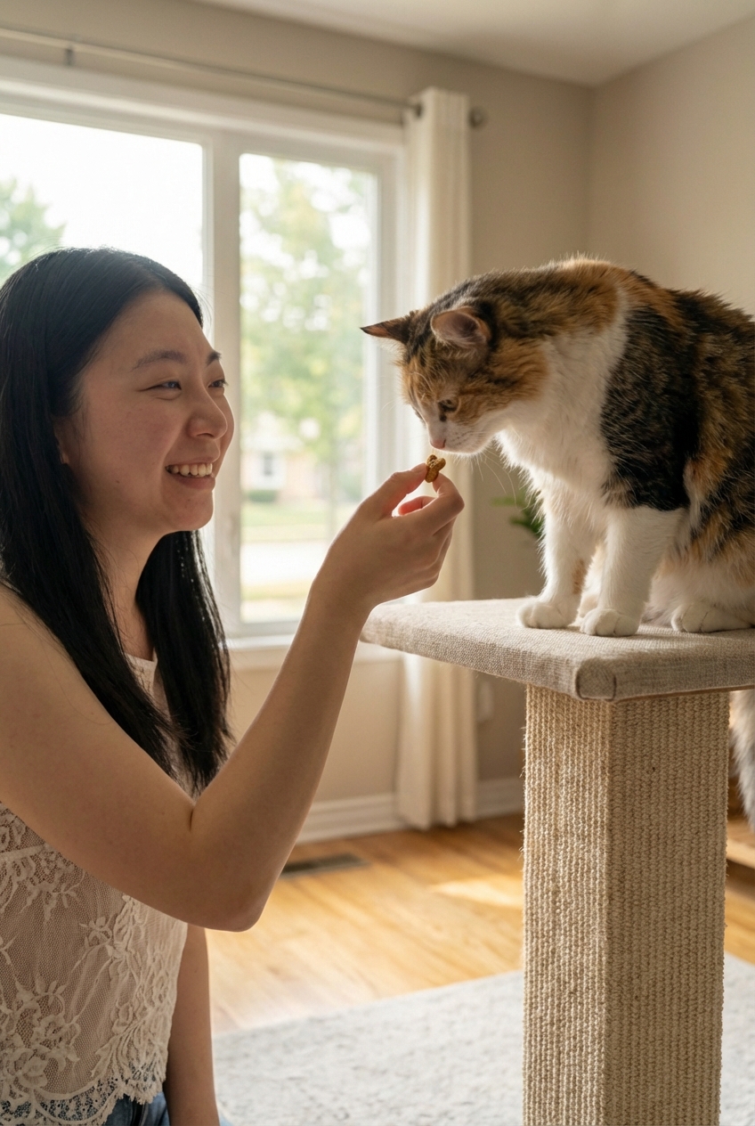 A person offering a small treat to a cat sitting on a cat tree indoors