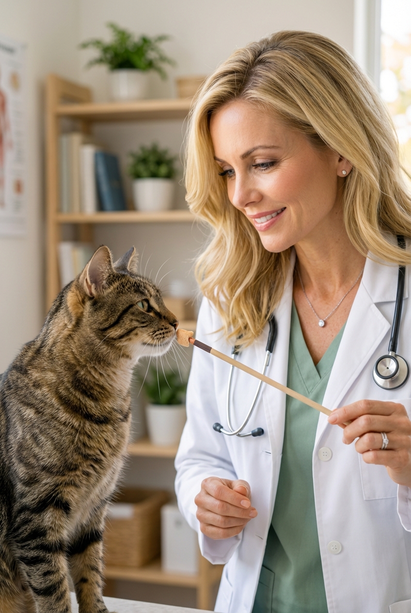 A person offering a small treat to a cat that is calmly touching its nose to a target stick indoors
