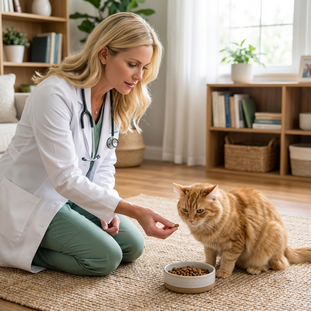 A person offering a small treat to a cautious cat near a food bowl in a calm room