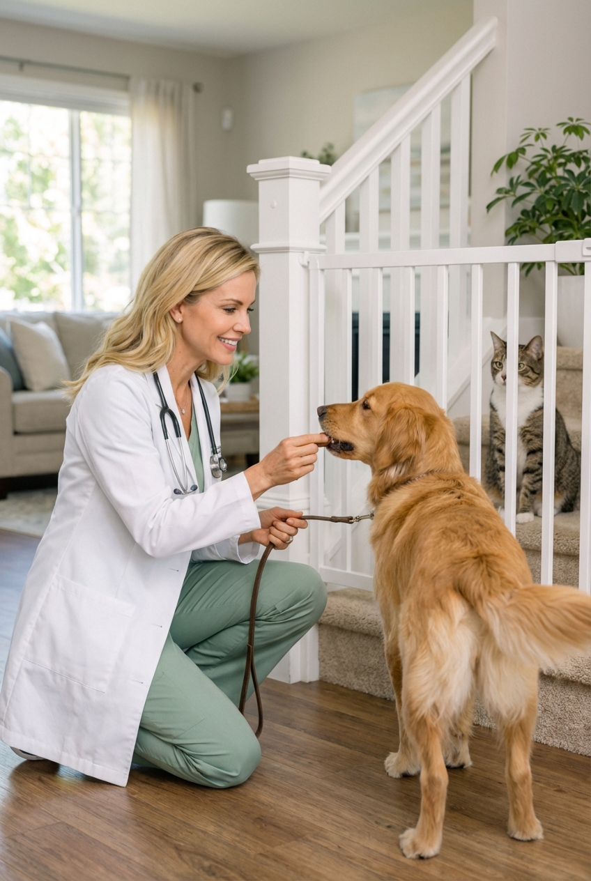 A person offering a small treat to a leashed dog while a cat watches calmly from behind a baby gate