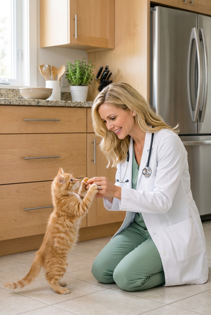 A person offering a small treat to a young orange kitten in a kitchen