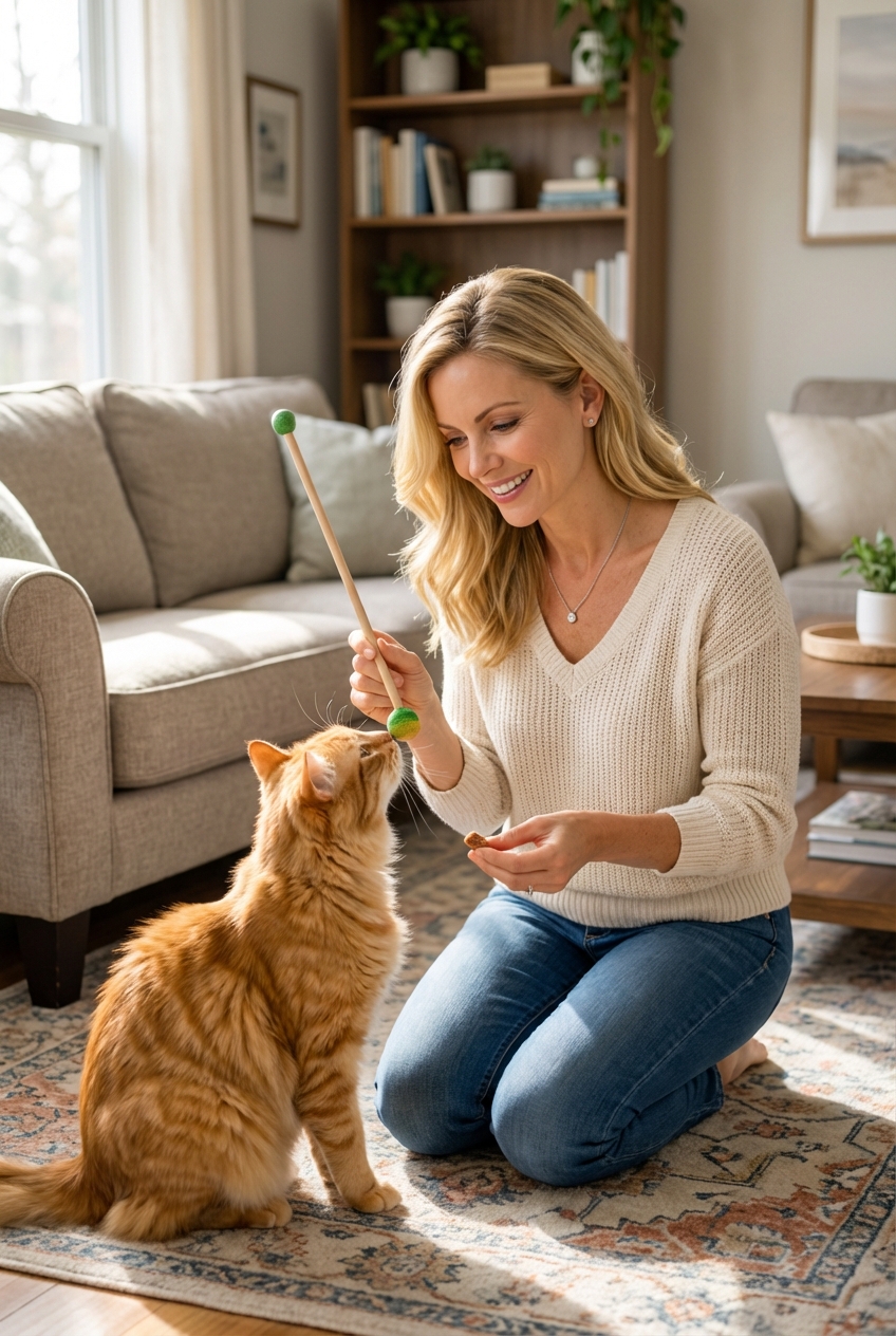 A person offering a small treat while a cat touches a target stick in a living room