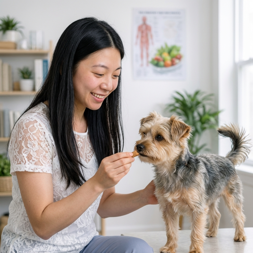 A person offering a treat to a small dog standing calmly while being gently touched near the hip