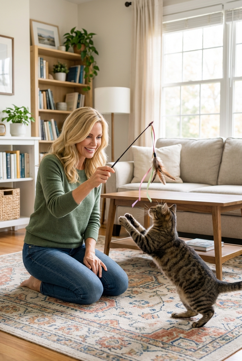 A person offering a wand toy to a cat in a living room while the cat focuses on the toy