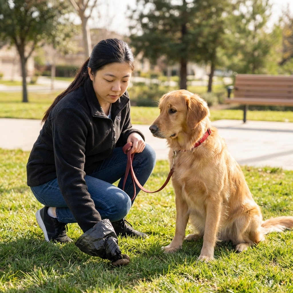 A person outdoors picking up dog poop from grass with a bag while a dog waits nearby on a leash