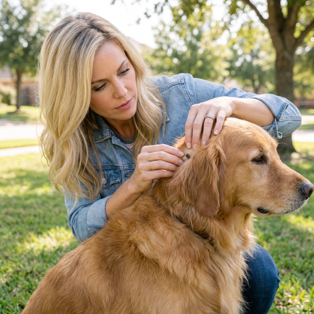 A person parting a dog’s fur near the ear while checking for ticks outdoors in daylight