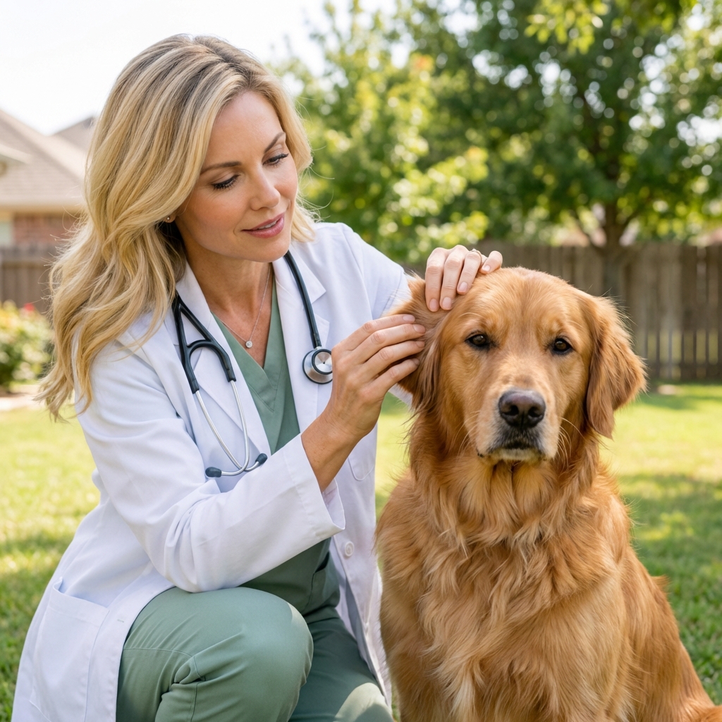 A person parting a dog's fur near the ear while checking for ticks outdoors in daylight