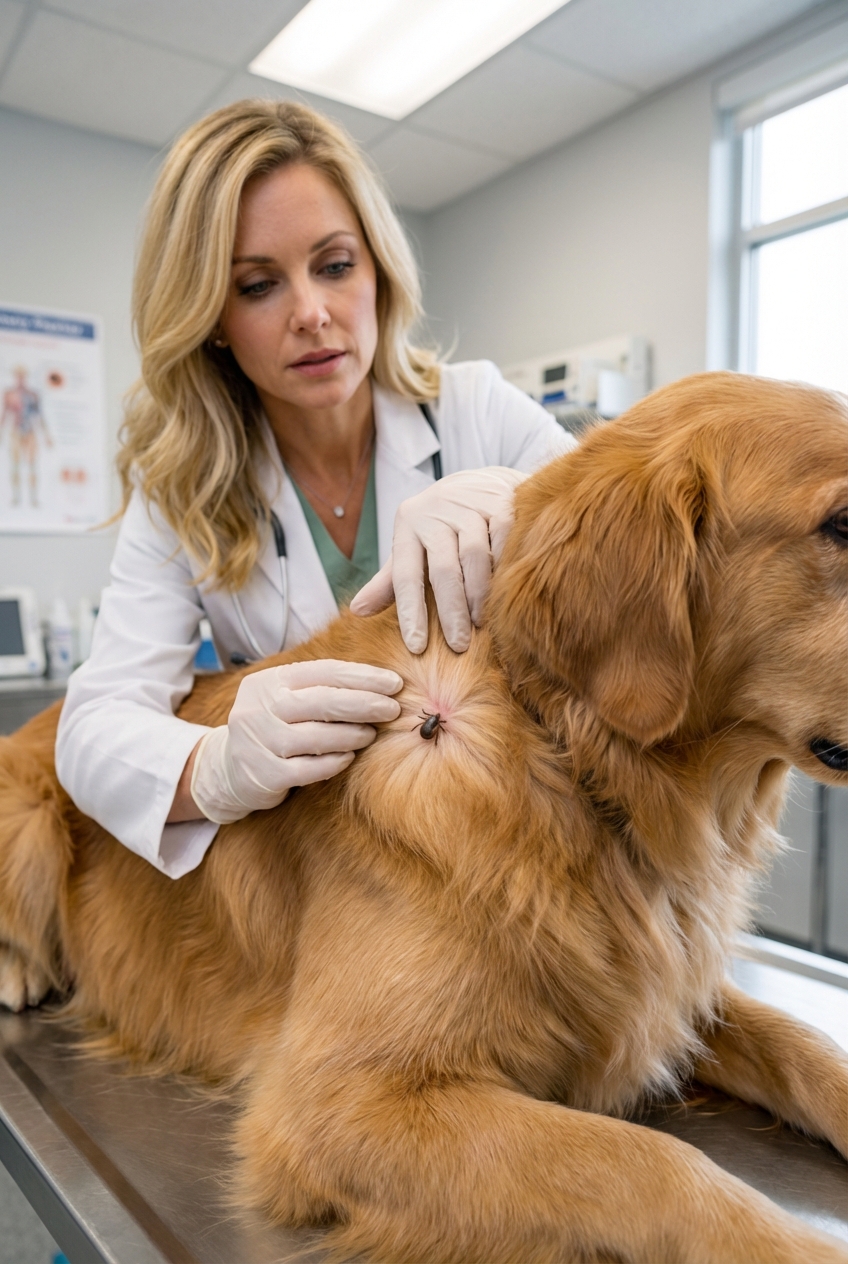 A person parting a dog’s fur with fingers to reveal a tick attached to the skin