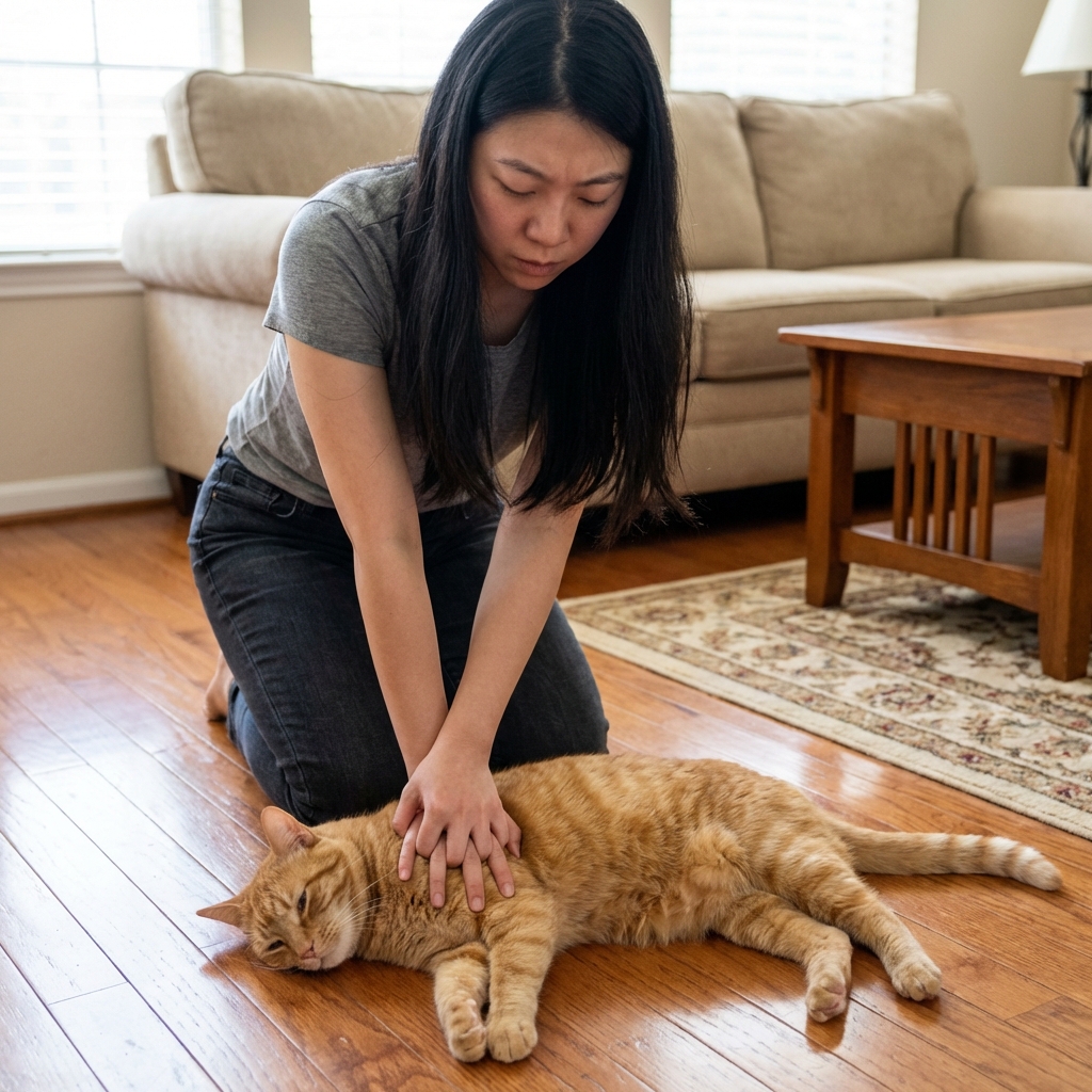 A person performing chest compressions on a cat lying on its side on a firm floor in a home setting