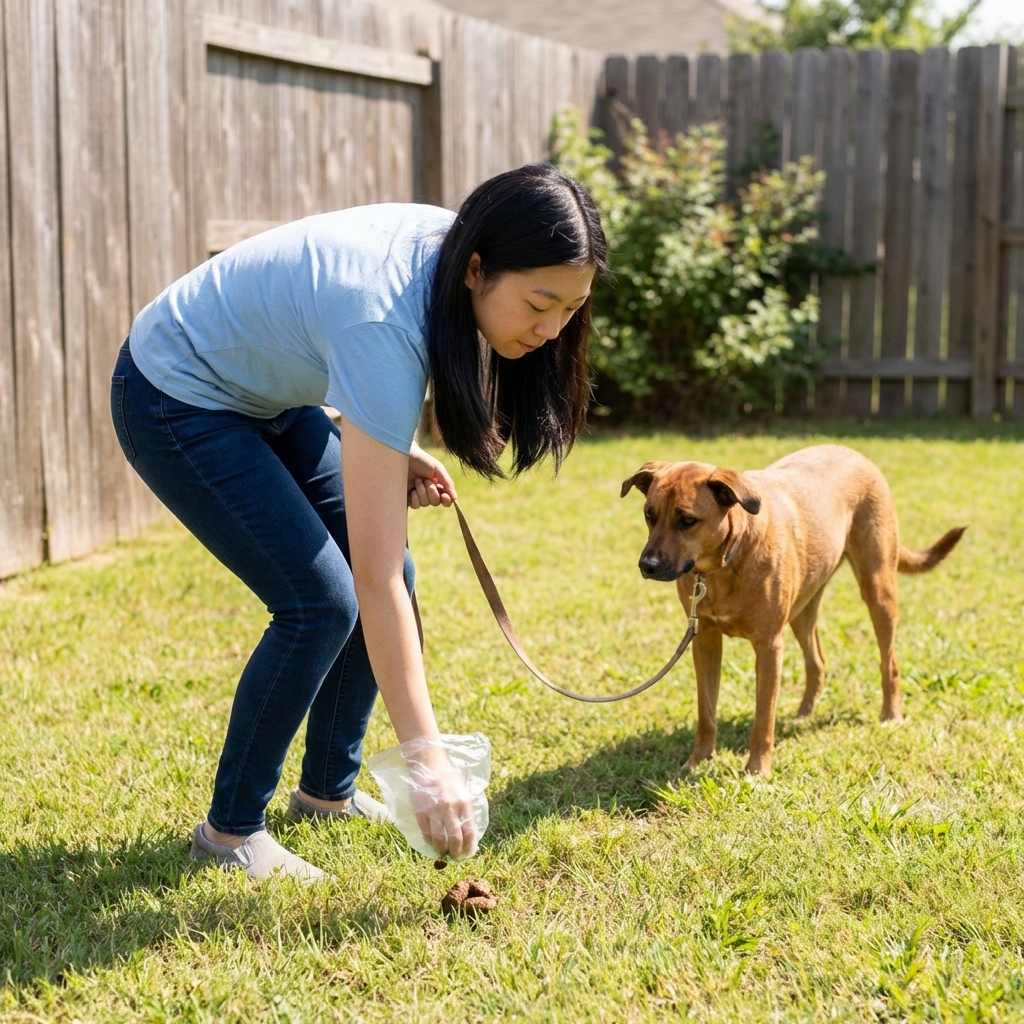 A person picking up dog poop in a backyard with a leashed dog standing nearby