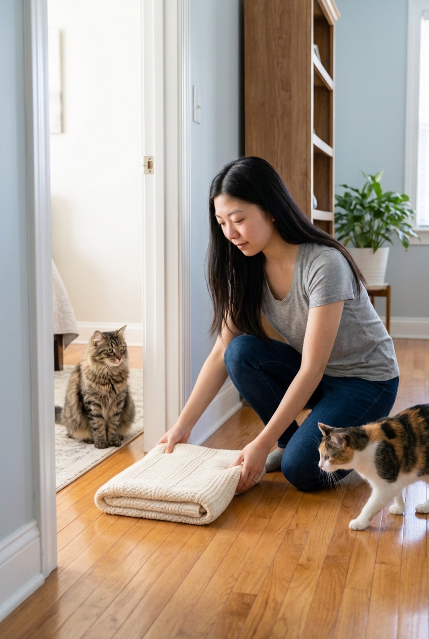 A person placing a folded blanket from one cat into another room on a hardwood floor