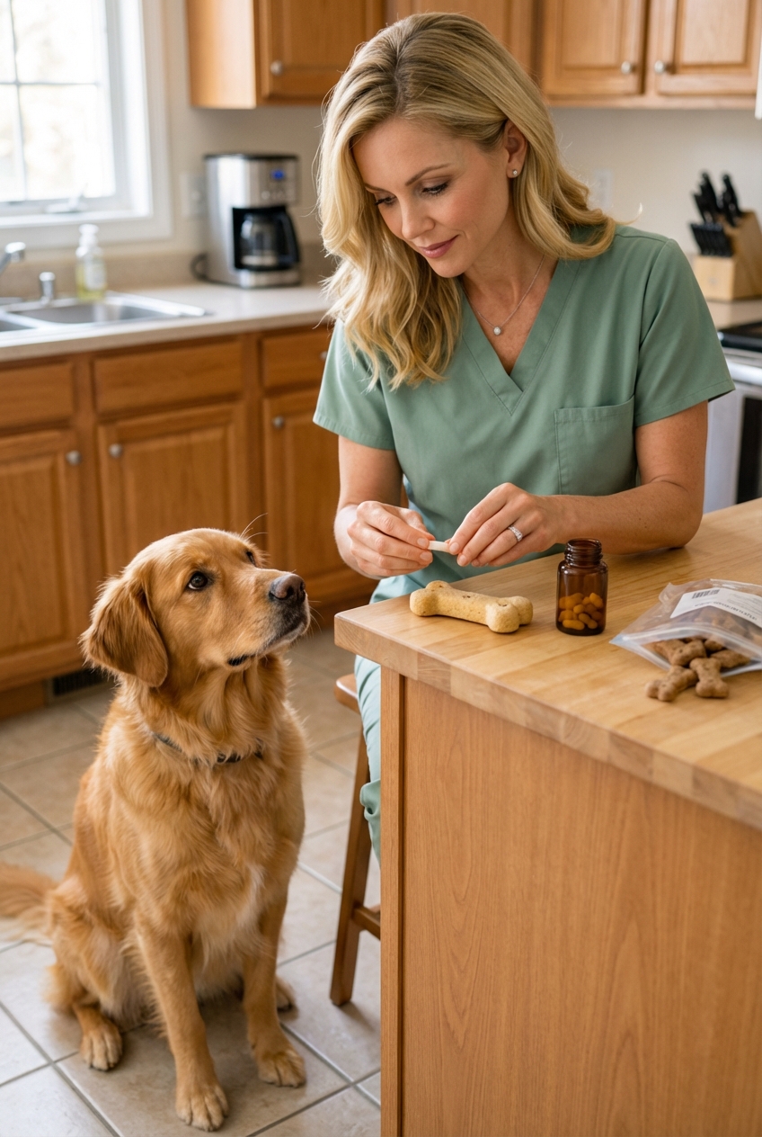 A person placing a prescribed pill into a small treat while a dog watches attentively in a home kitchen