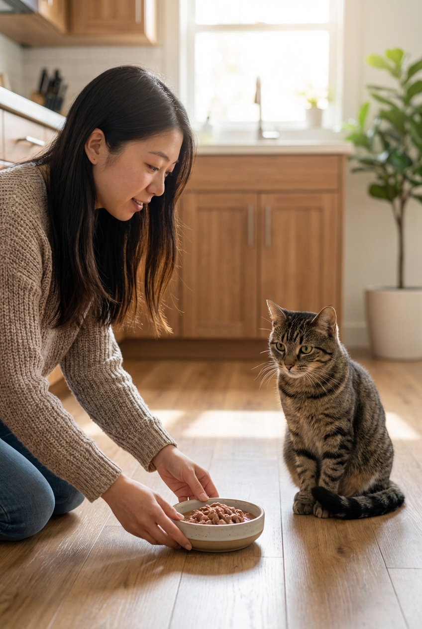 A person placing a small bowl of wet cat food on the floor while a cat watches nearby