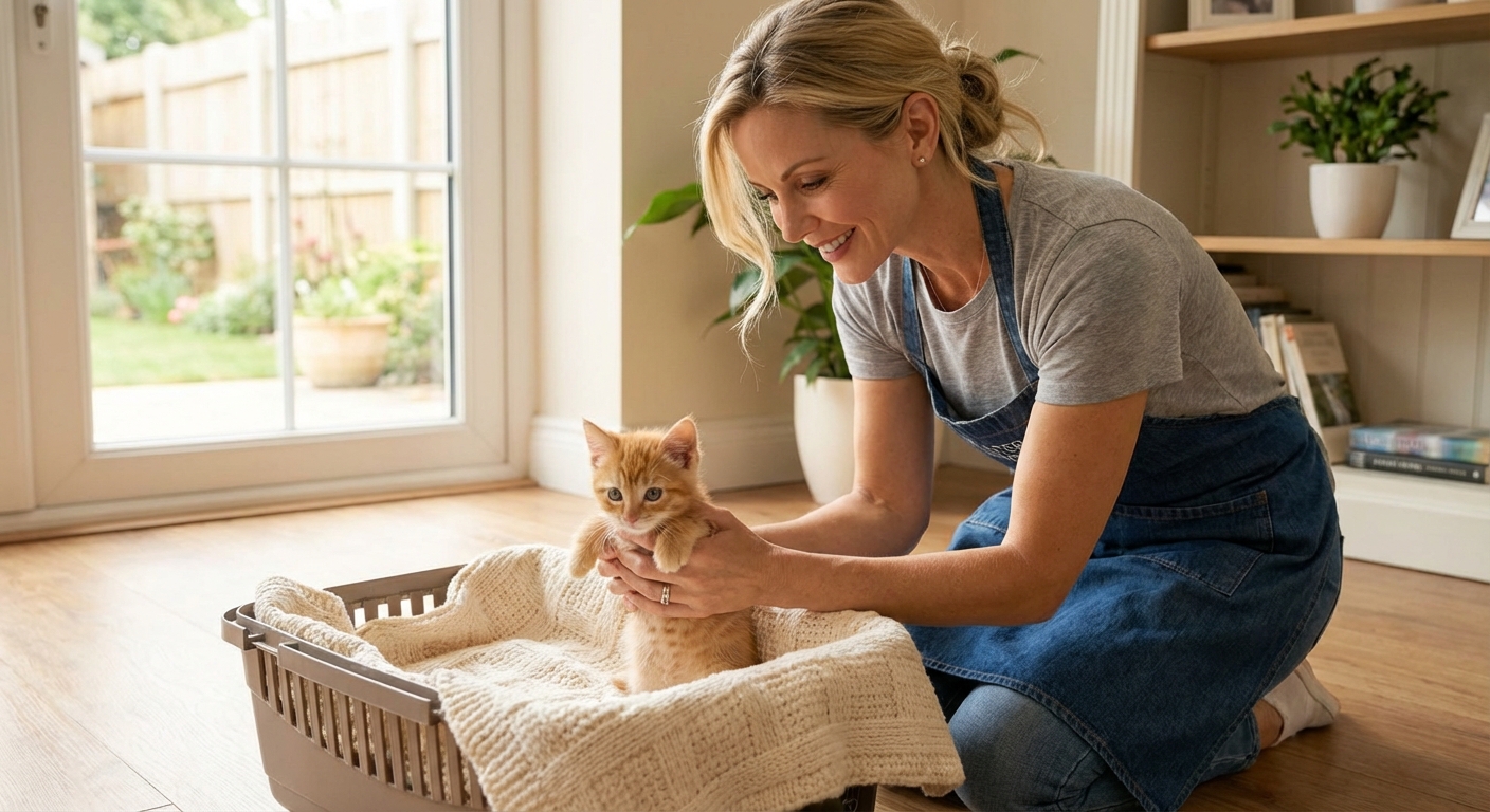 A person placing a small kitten into a soft towel-lined carrier indoors