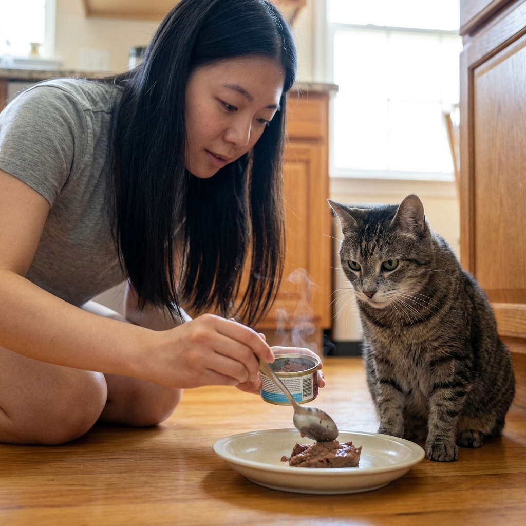 A person placing a small portion of warmed wet cat food onto a shallow plate next to a calm senior cat