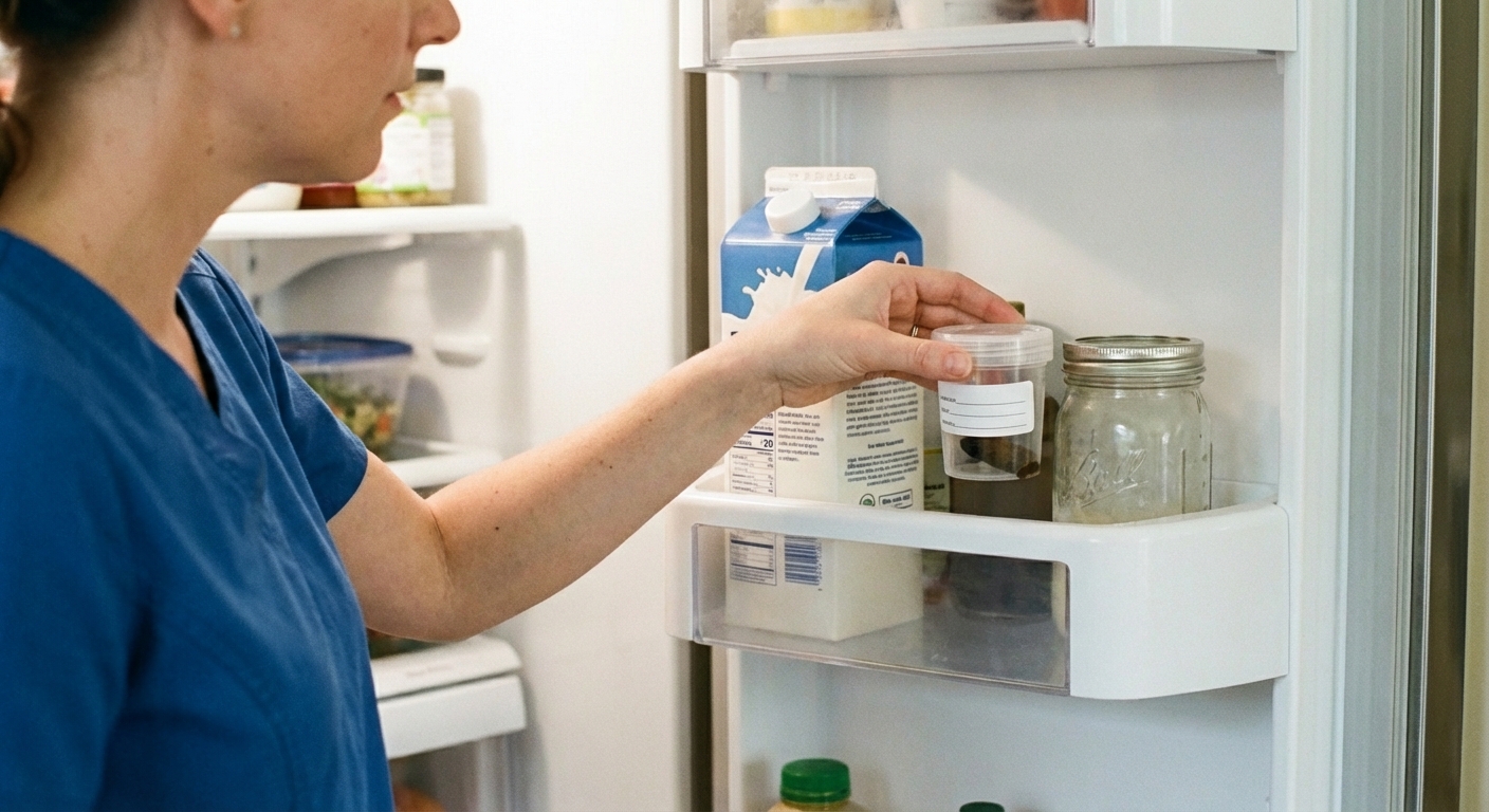 A person placing a small sealed container with a cat stool sample into a refrigerator