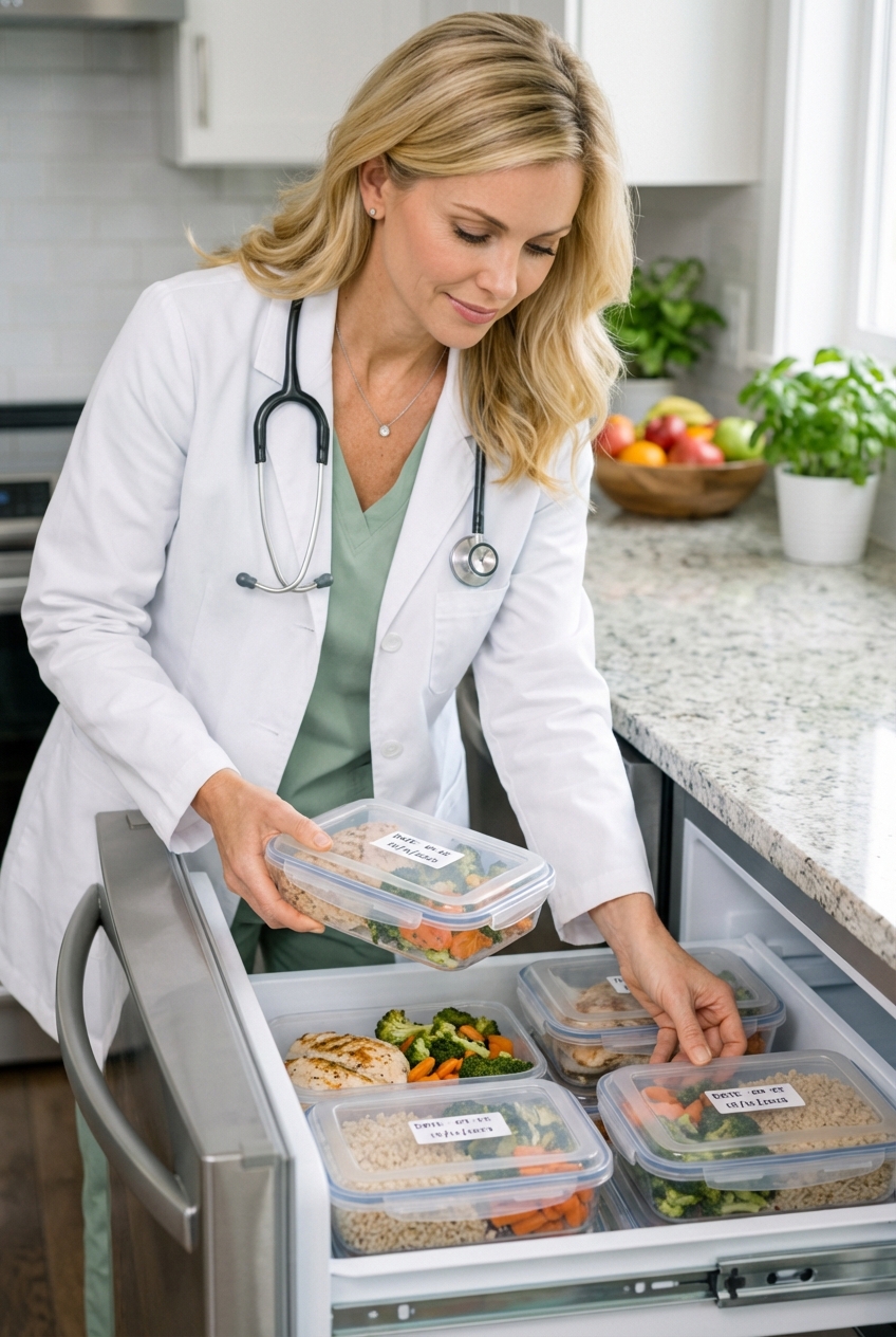 A person placing labeled meal-prep containers filled with cooked meat and vegetables into a freezer drawer