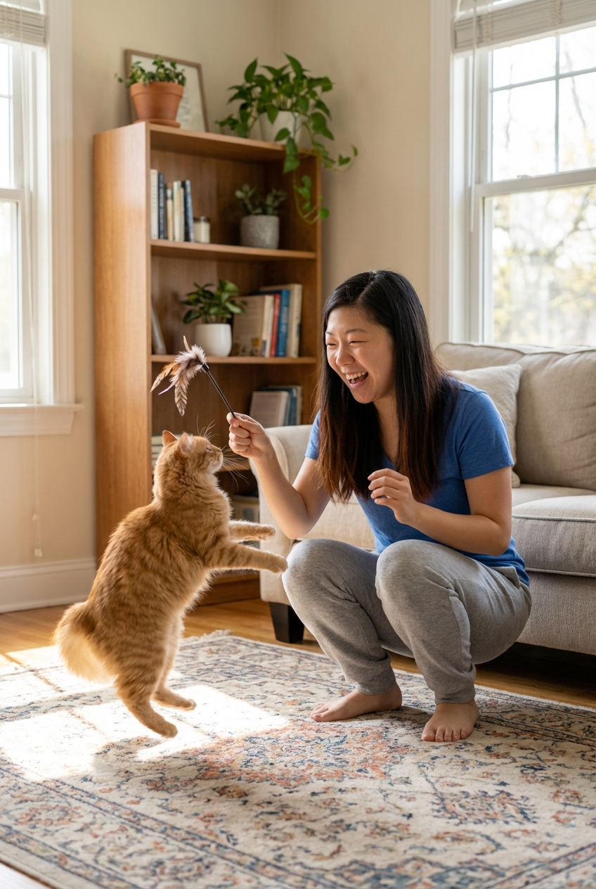 A person playing with a cat using a feather wand toy in a living room