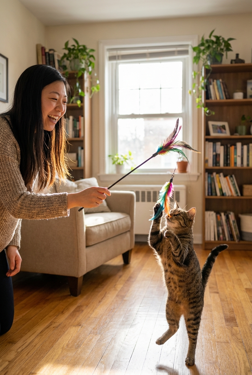 A person playing with a cat using a feather wand toy in a living room