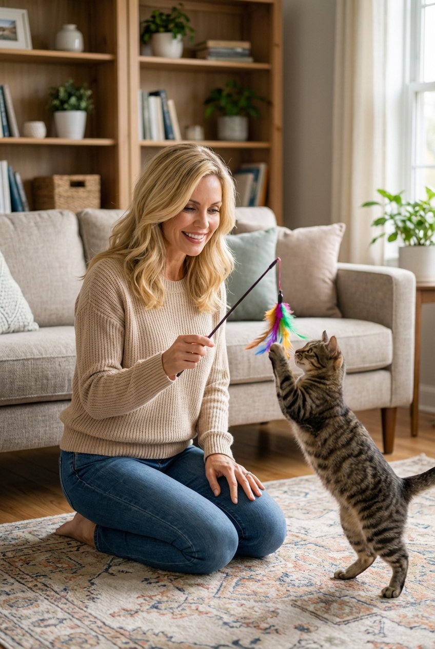 A person playing with a cat using a feather wand toy in a living room
