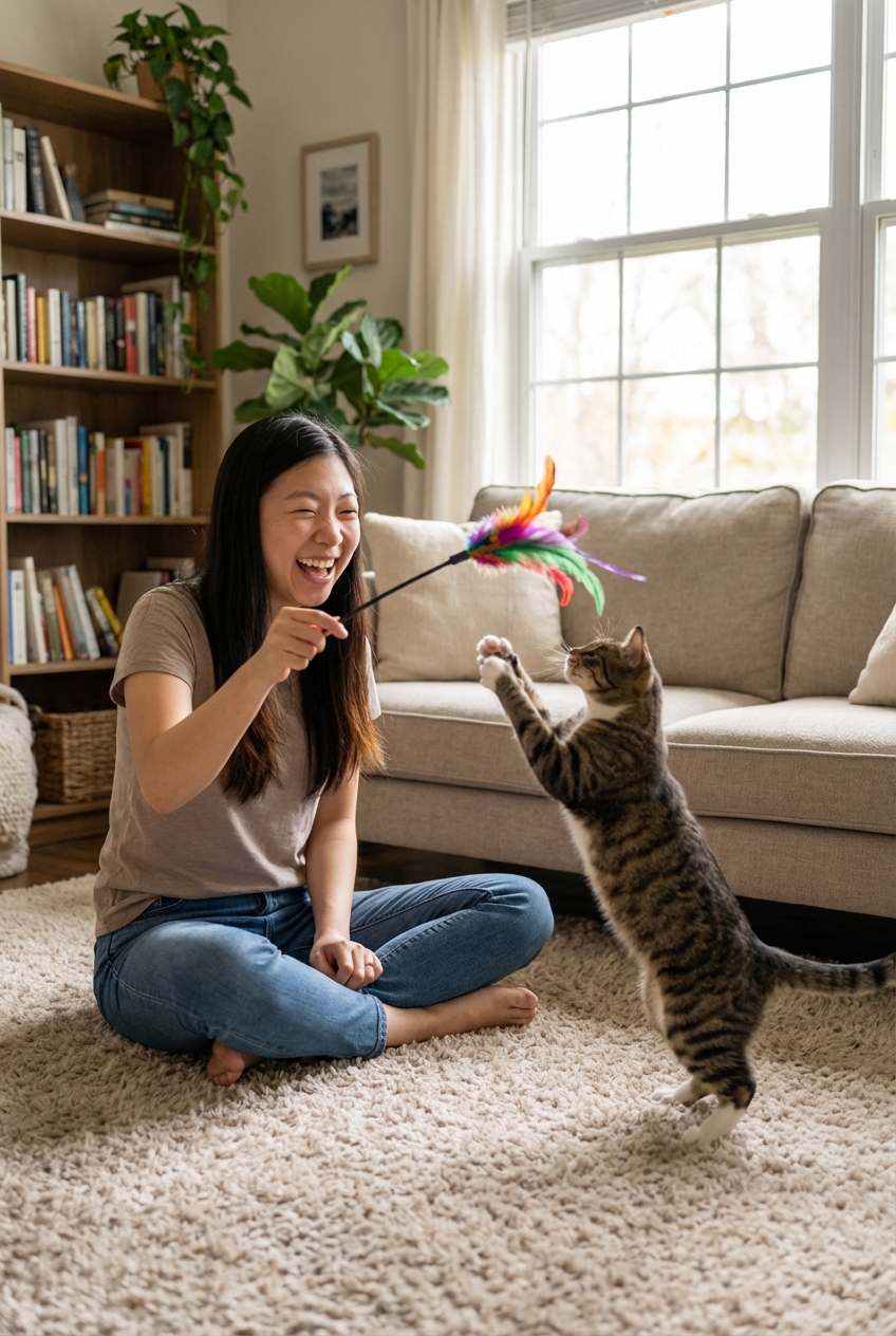 A person playing with a cat using a feather wand toy in a living room