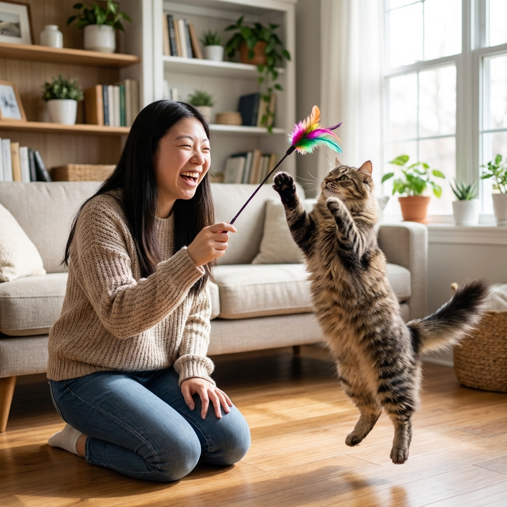A person playing with a cat using a feather wand toy in a living room