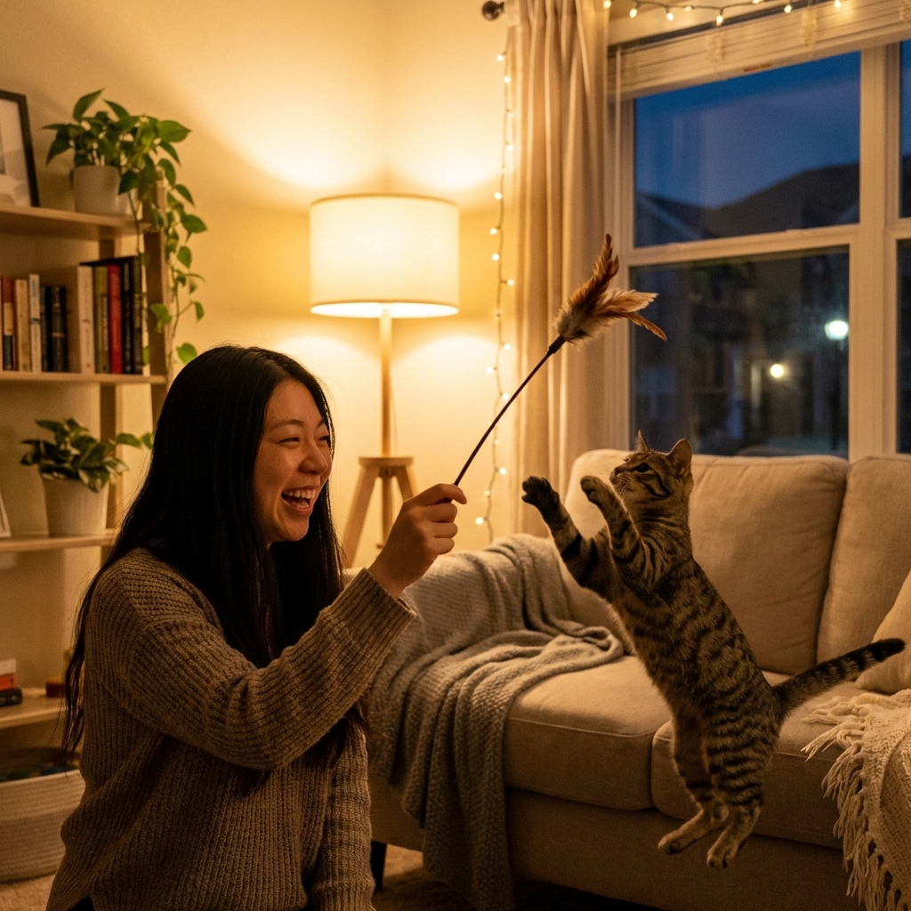 A person playing with a cat using a wand toy in a living room during the evening
