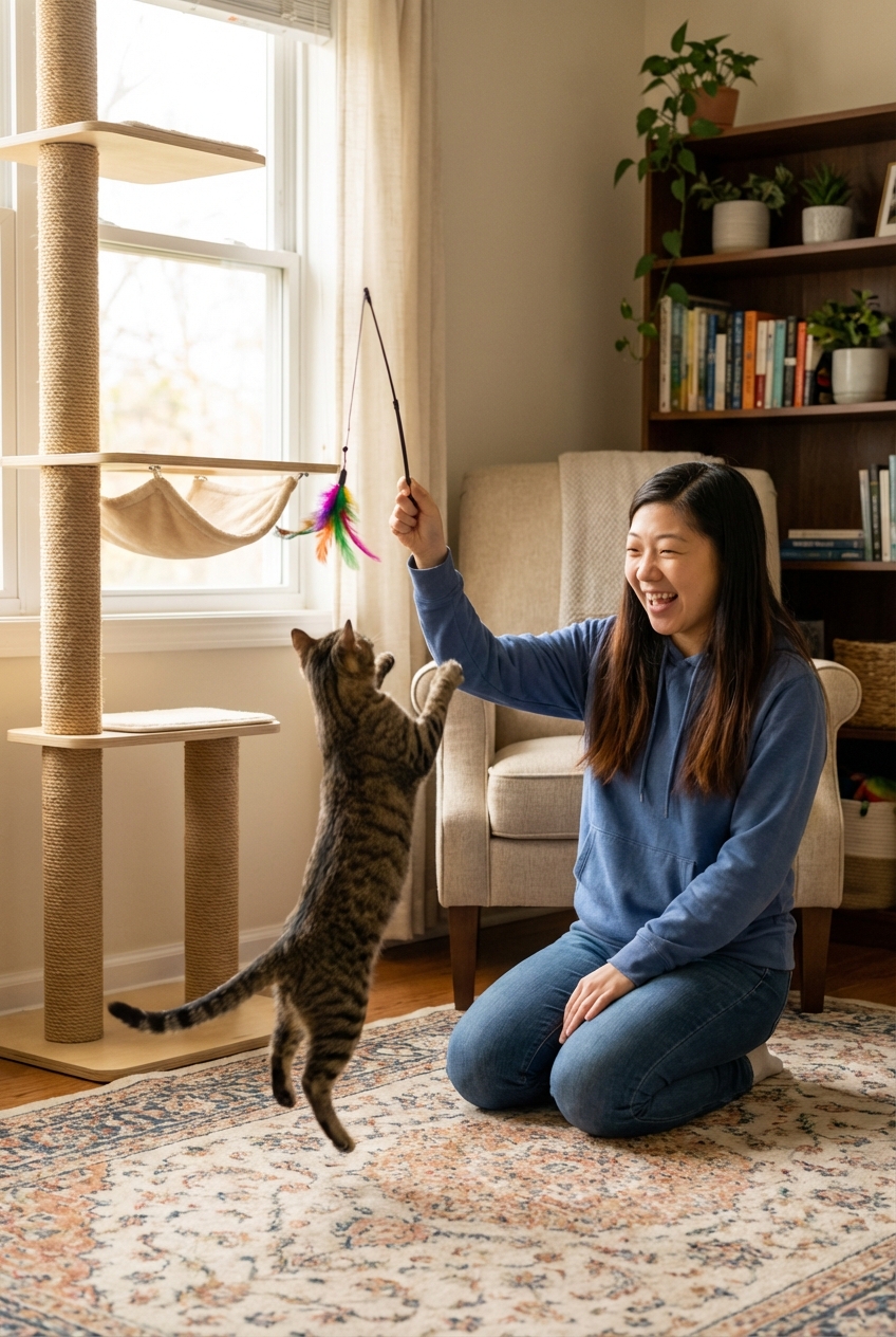 A person playing with a cat using a wand toy in a cozy living room with a cat tree nearby