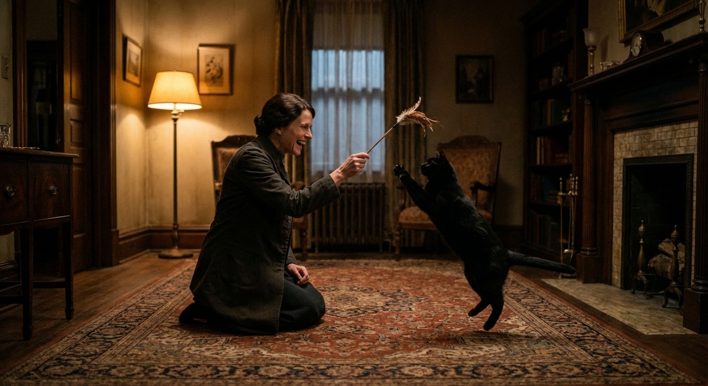 A person playing with a cat using a wand toy in a living room during the evening