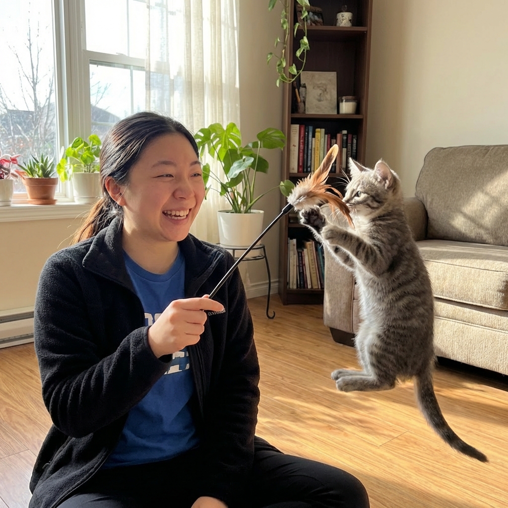 A person playing with a kitten using a feather wand toy in a bright indoor space