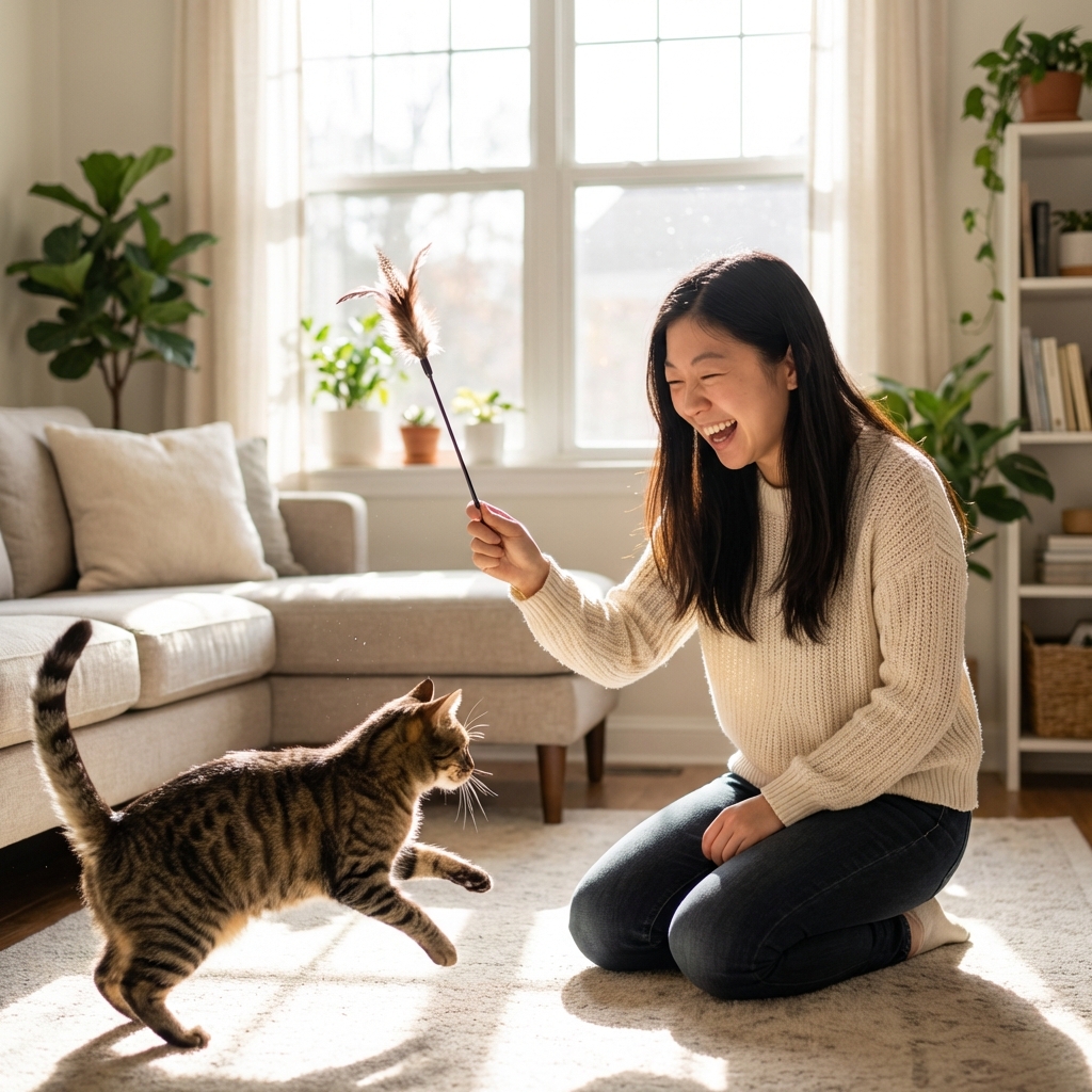A person playing with an indoor cat using a wand toy in a bright room