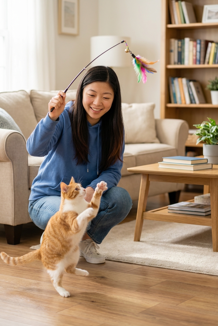 A person playing with an orange-and-white cat using a wand toy in a living room
