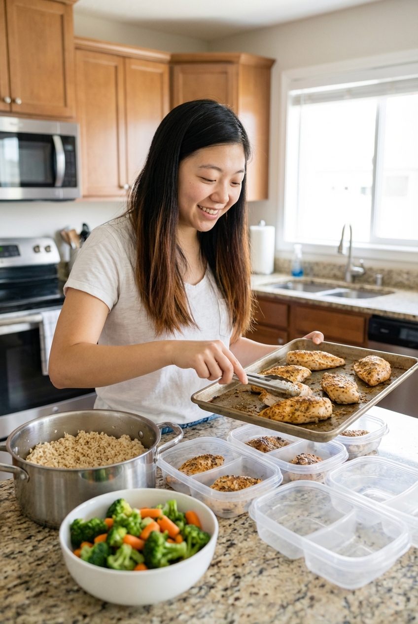 A person portioning cooked chicken, rice, and vegetables into meal prep containers on a kitchen counter