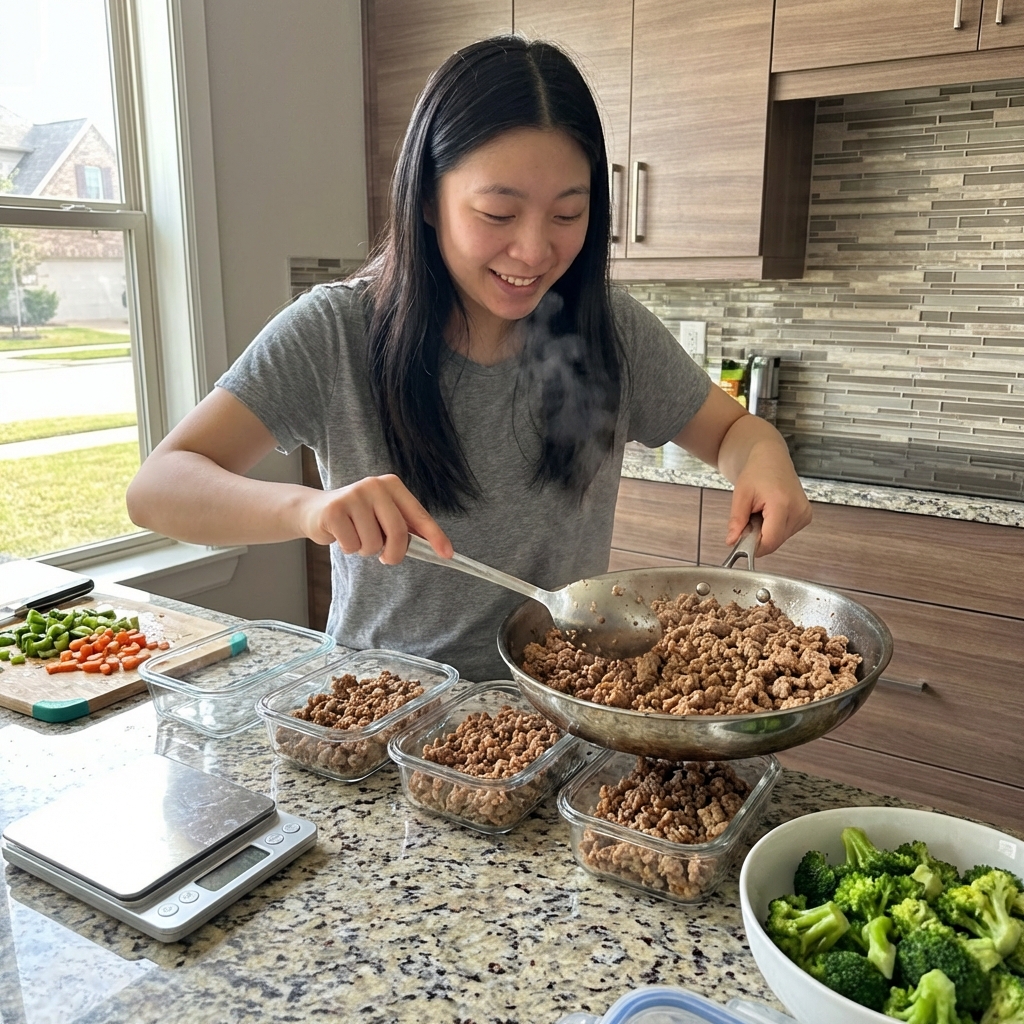 A person portioning cooked ground turkey into small glass meal prep containers on a kitchen counter