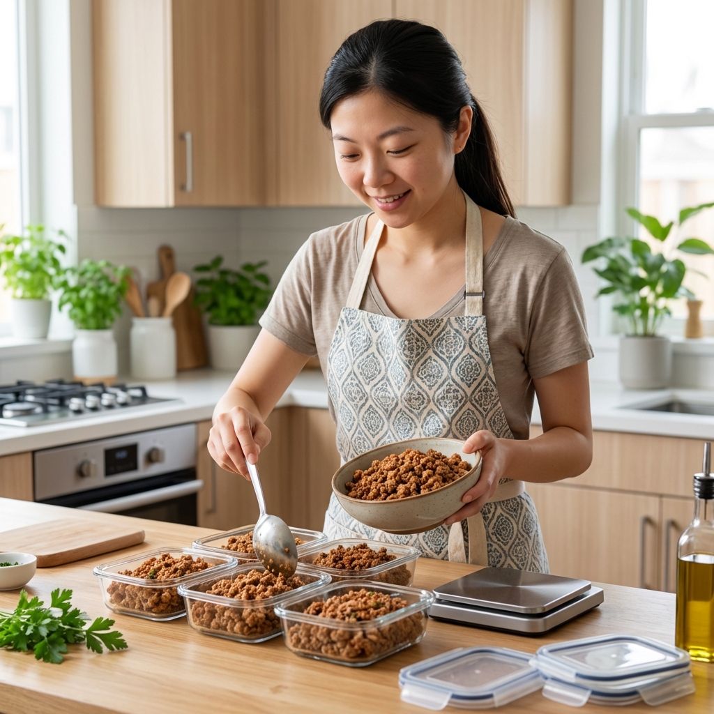 A person portioning cooked ground turkey into small glass containers on a kitchen counter