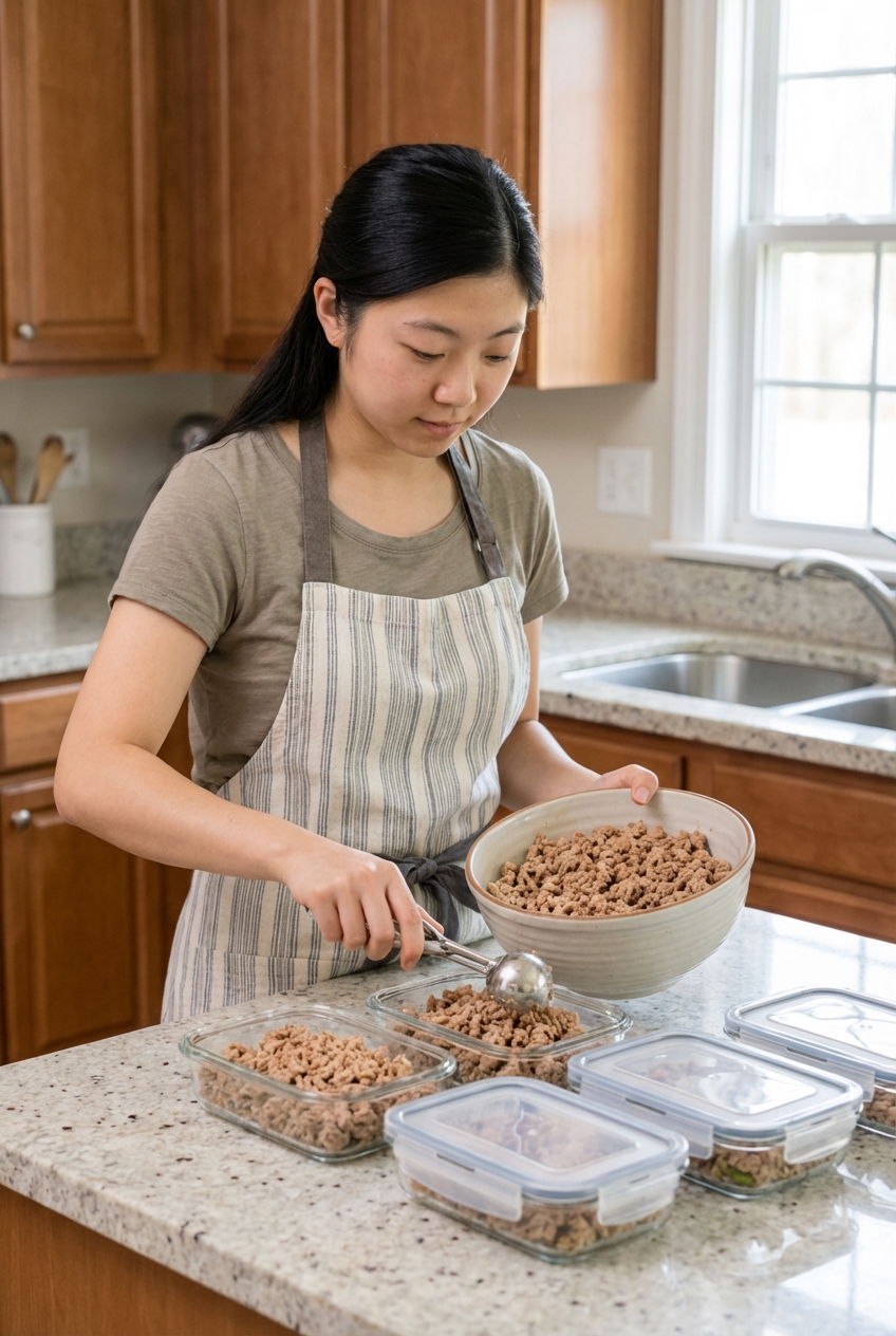 A person portioning cooked ground turkey into small glass containers on a kitchen counter