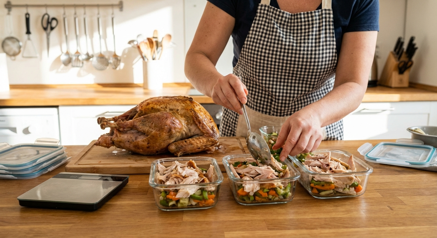 A person portioning cooked turkey into small glass meal prep containers on a kitchen counter