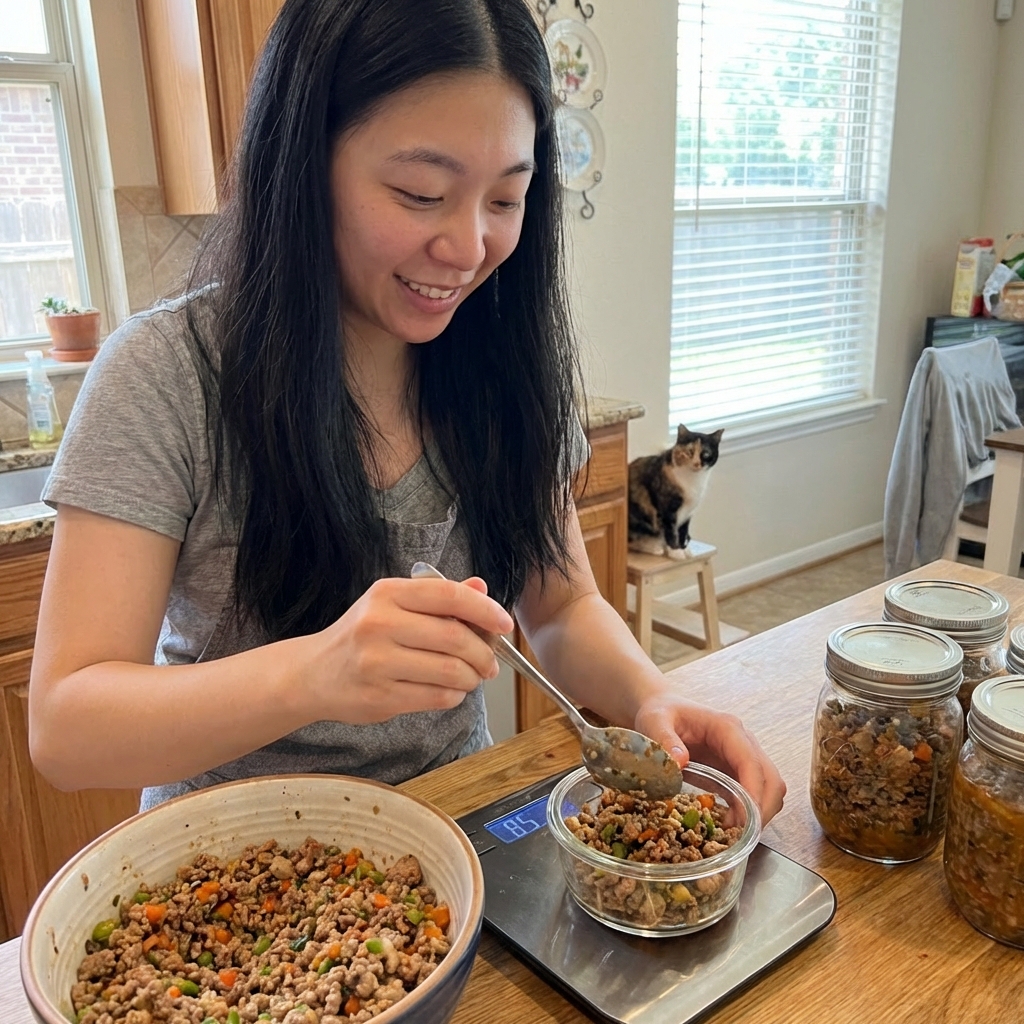 A person portioning homemade cat food into small glass containers next to a kitchen scale