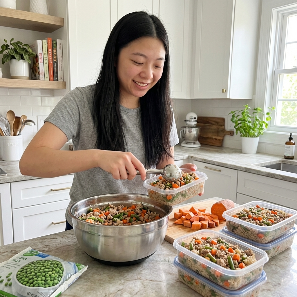 A person portioning homemade dog food into clear freezer containers on a kitchen counter, with cooked meat and vegetables visible, clean meal prep scene, photorealistic photo